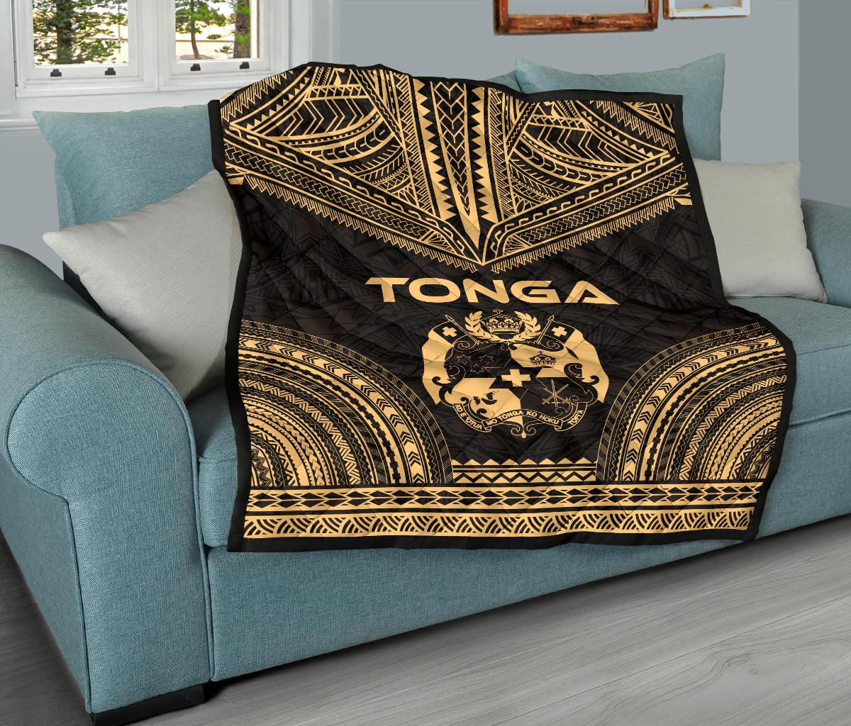 Tonga Premium Quilt - Tonga Coat Of Arms Polynesian Chief Gold Version - Polynesian Pride