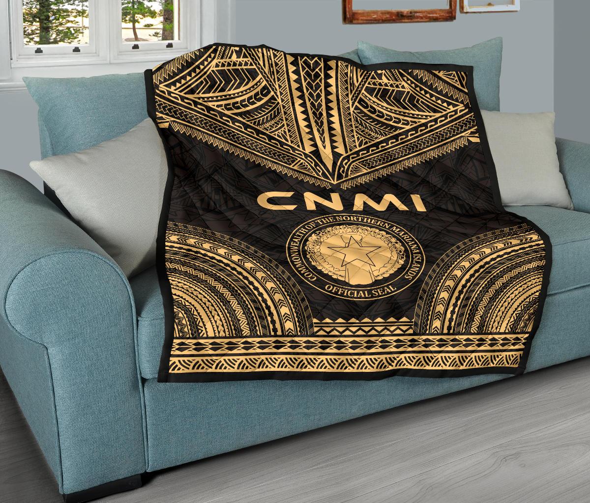 Northern Mariana Islands Premium Quilt - CNMI Seal Polynesian Chief Gold Version - Polynesian Pride