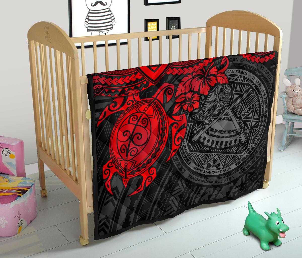 American Samoa Polynesian Premium Quilt - American Samoa Seal & Red Turtle Hibiscus - Polynesian Pride
