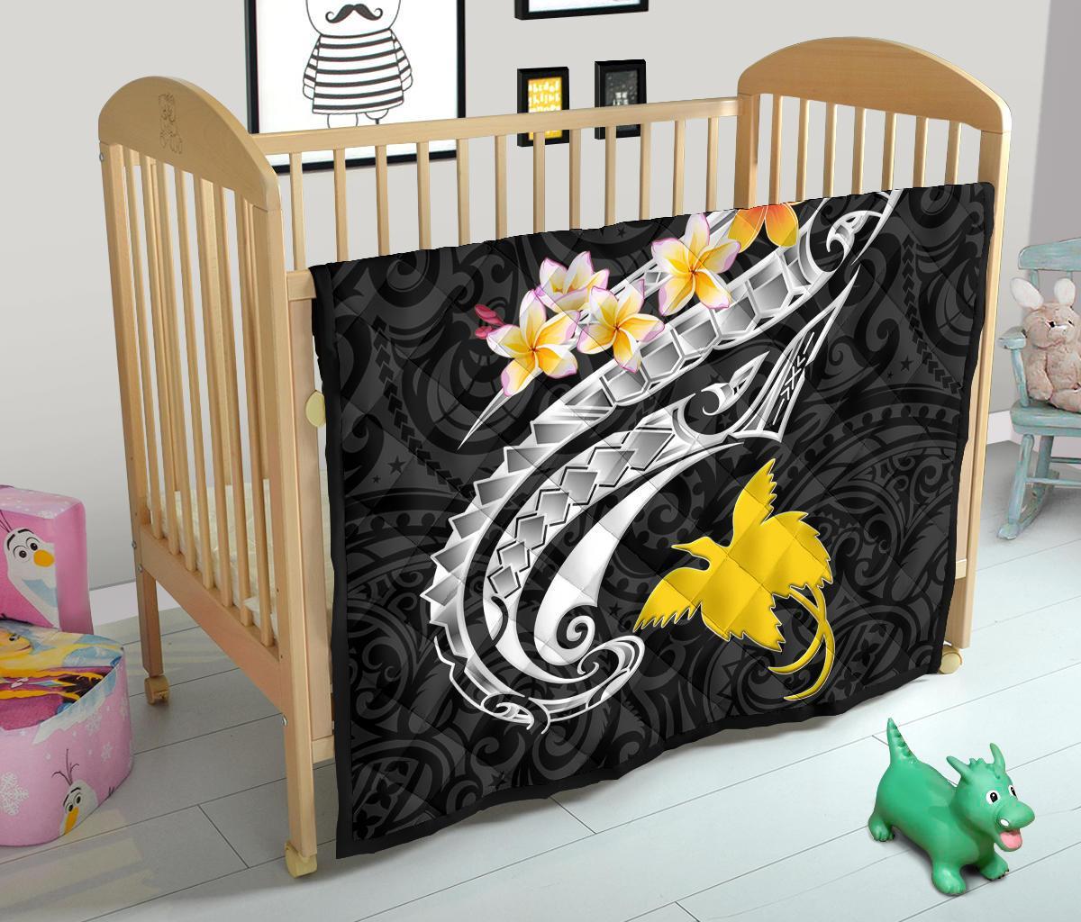 Papua New Guinea Custom Personalised Premium Quilt - PNG Seal Polynesian Patterns Plumeria (Black) - Polynesian Pride