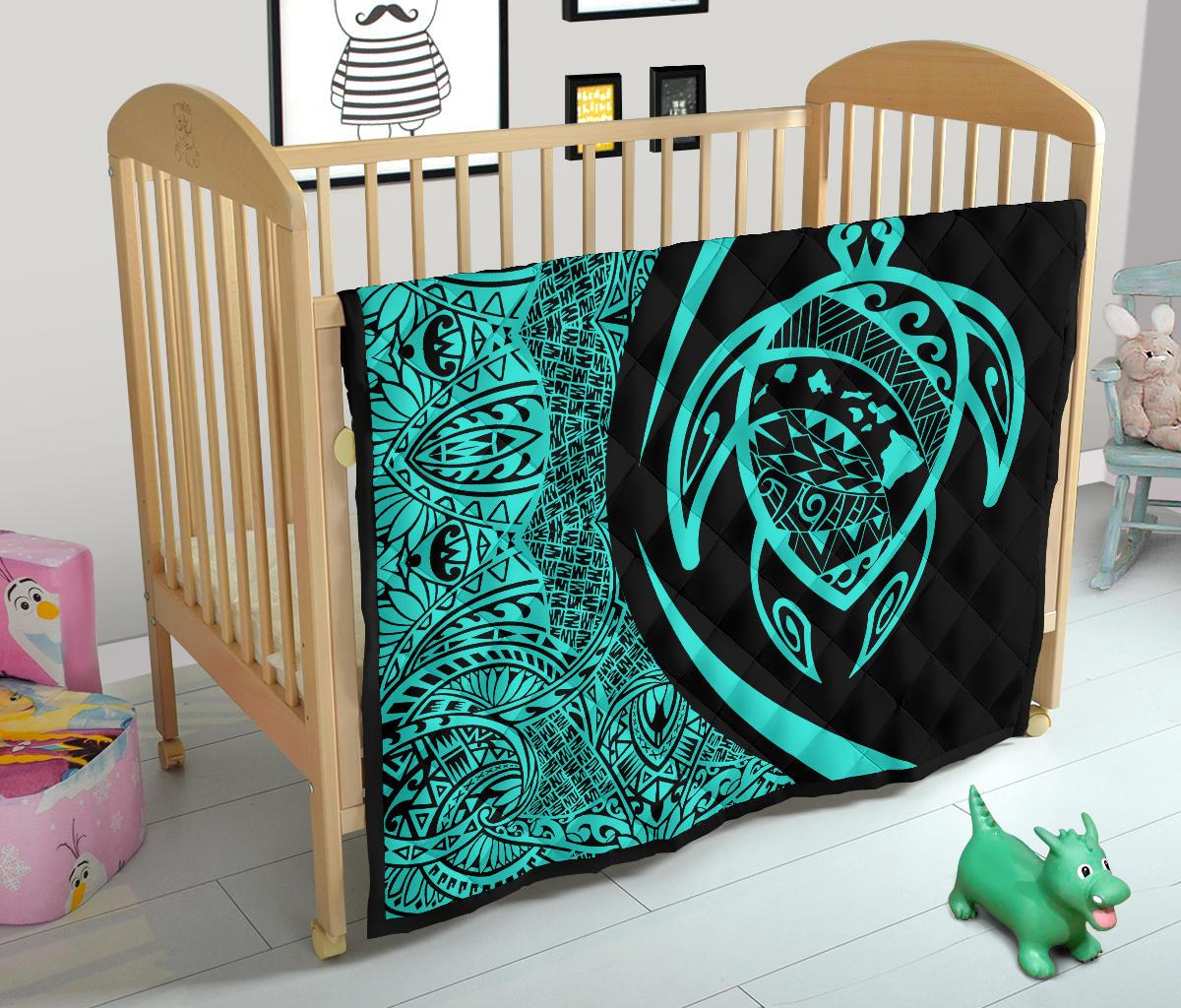 Hawaii Turtle Map Polynesian Premium Quilt - Turquoise - Circle Style - Polynesian Pride