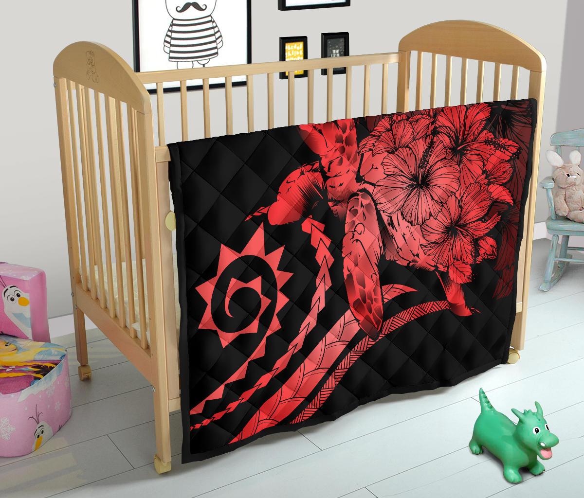 Hawaii Turtle Hibiscus Polynesian Vintage Premium Quilt - Blue - Polynesian Pride