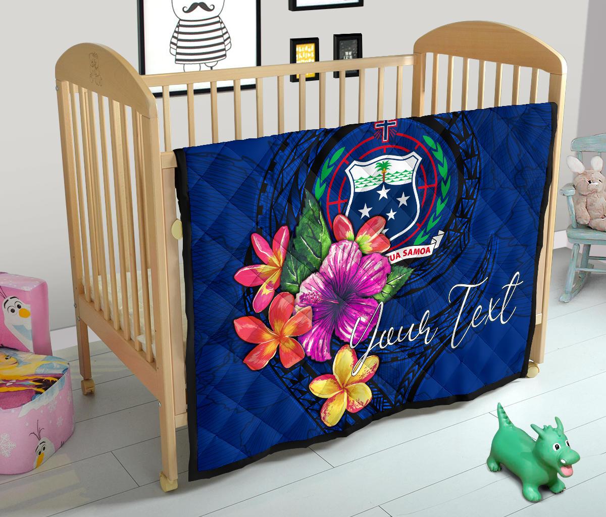 Samoa Polynesian Custom Personalised Premium Quilt - Floral With Seal Blue - Polynesian Pride