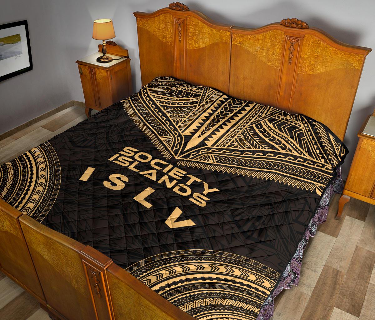 Society Islands Premium Quilt - Society Islands Flag Polynesian Chief Gold Version - Polynesian Pride