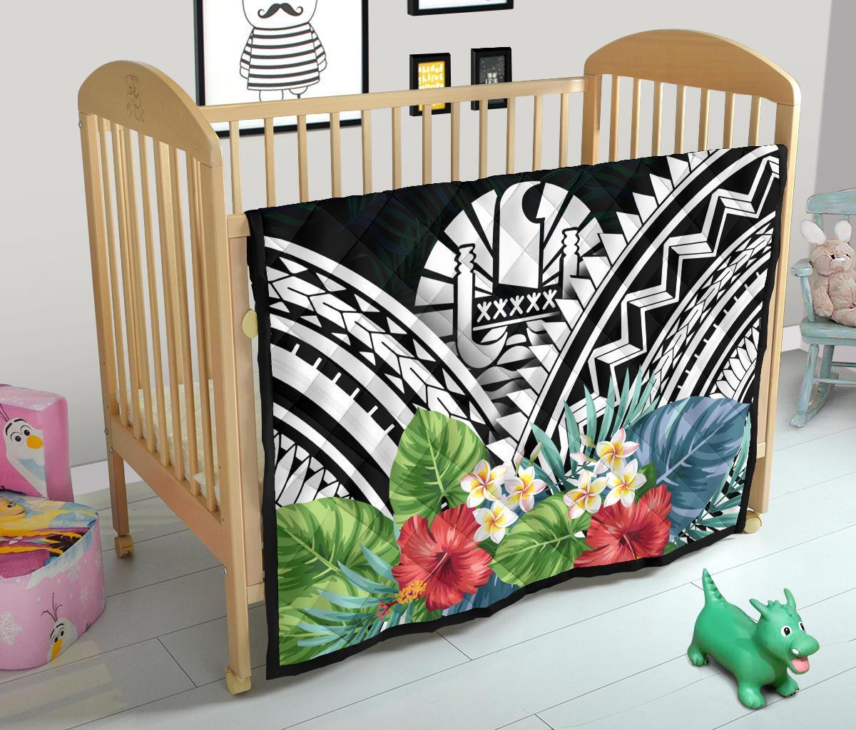 Tahiti Premium Quilt - Tahiti Coat of Arms & Polynesian Tropical Flowers White - Polynesian Pride