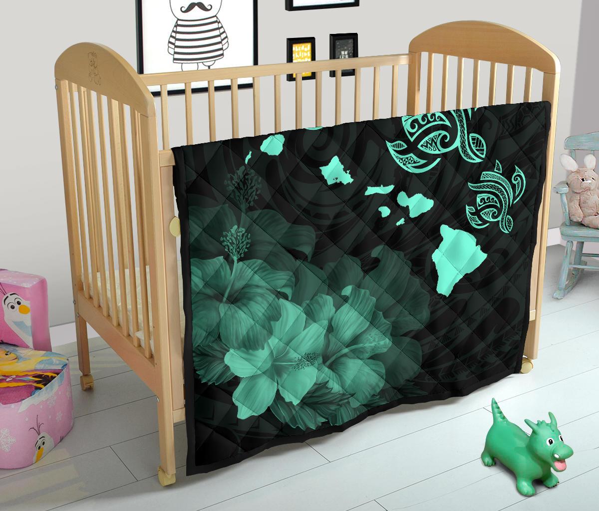 Hawaii Hibiscus Map Polynesian Ancient Turquoise Premium Quilt - Polynesian Pride