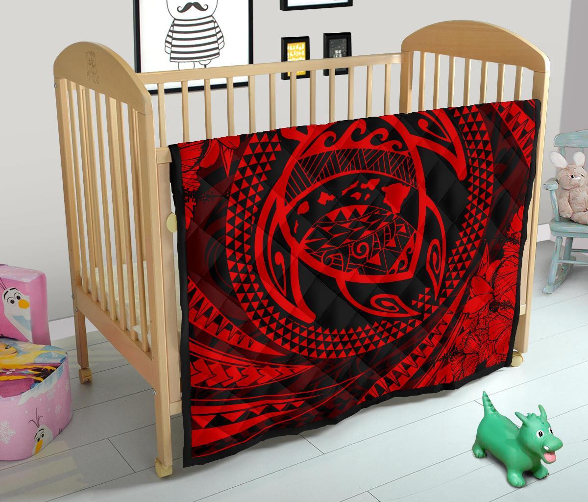 Hawaiian Kanaka Honu Hibiscus Tornando Red Polynesian Premium Quilt - Polynesian Pride