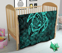 Hawaii Turtle Kanaka Map Hibiscus Poly Premium Quilt - Turquoise - Polynesian Pride