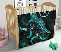Hawaii Polynesian Premium Quilt - Turtle With Blooming Hibiscus Turquoise - Polynesian Pride
