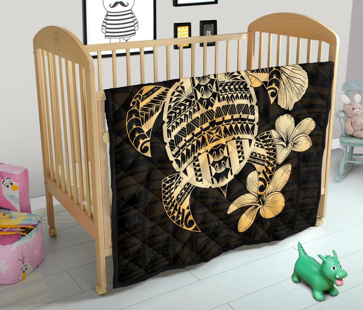 Hawaiian Kanaka Hibiscus Plumeria Mix Polynesian Turtle Premium Quilt Gold AH - Polynesian Pride