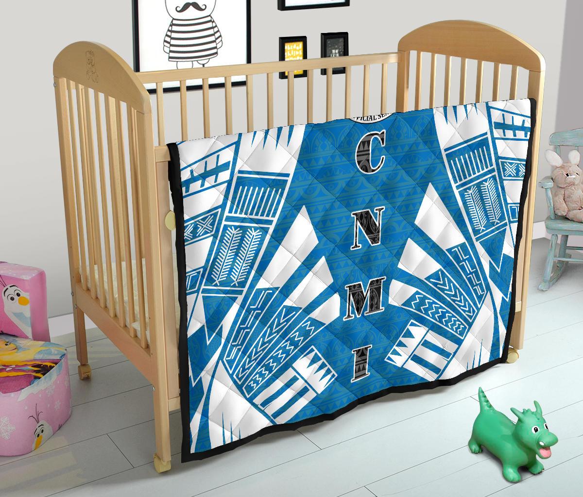 Northern Mariana Islands Premium Quilt - Northern Mariana Islands Seal Polynesian White Tattoo (Blue) - Polynesian Pride