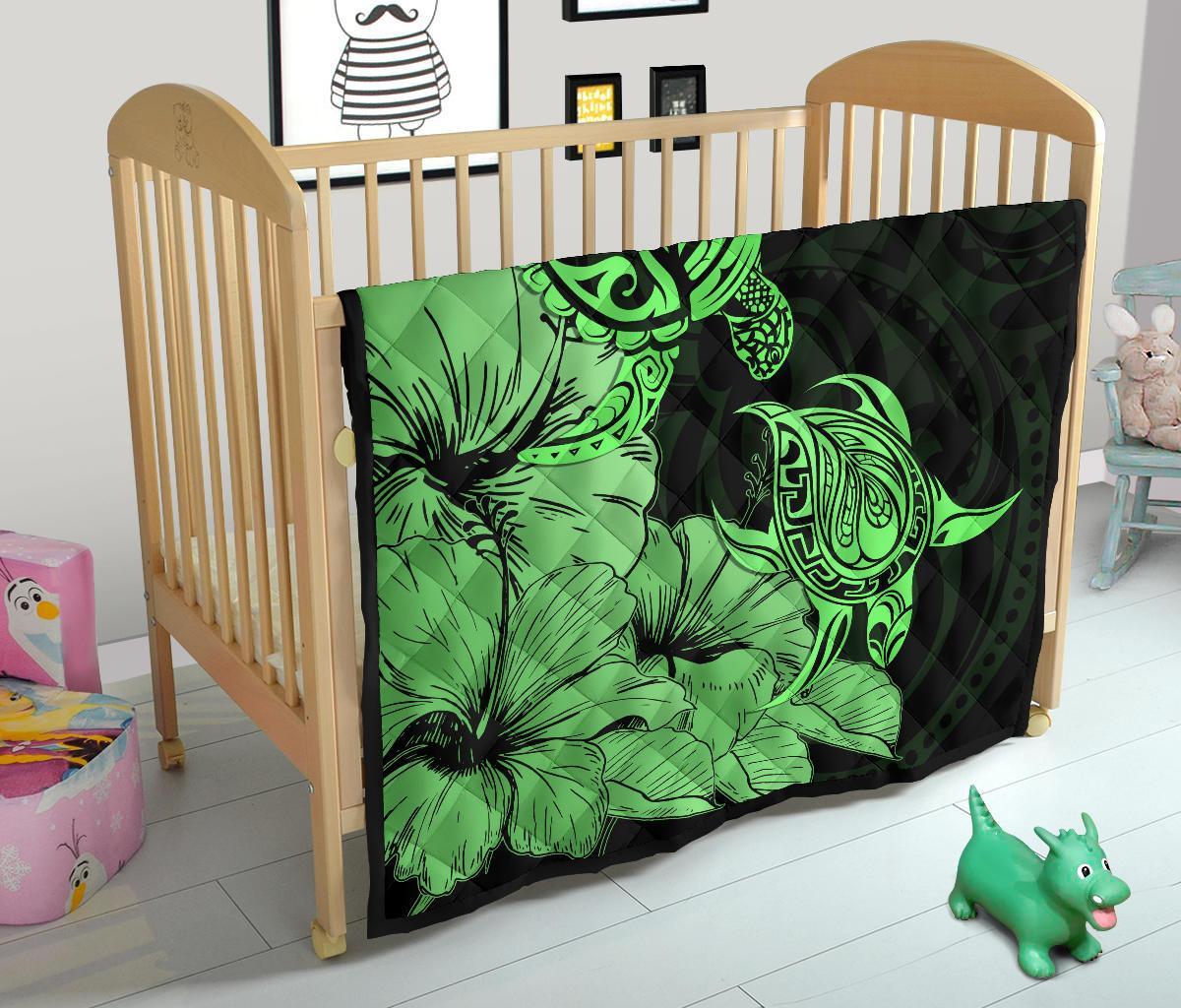 Hawaii Turtle Premium Quilt Polynesian Hibiscus Art Green AH - Polynesian Pride