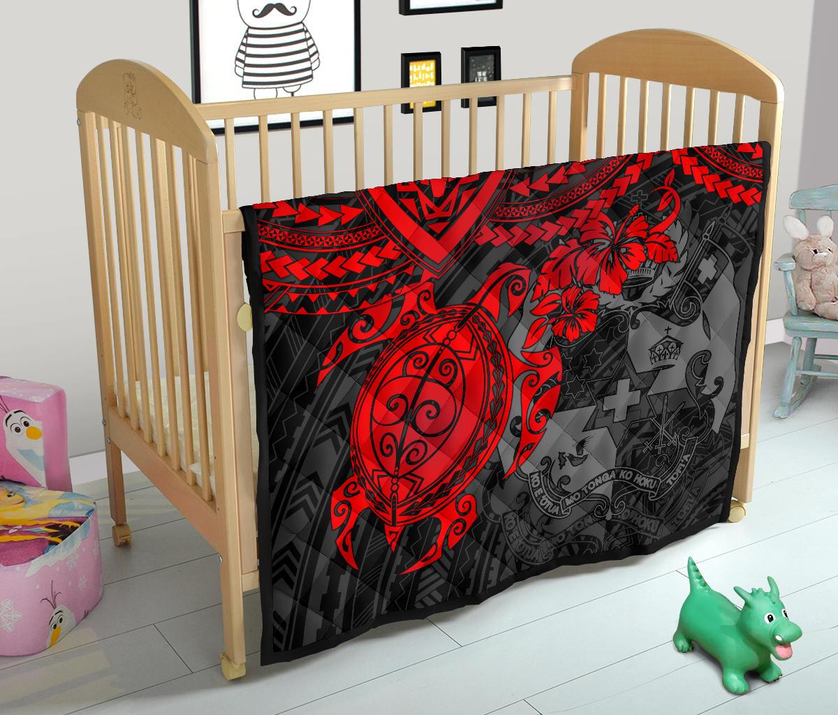 Tonga Polynesian Premium Quilts - Tonga Coat Of Arms & Red Turtle Hibiscus - Polynesian Pride