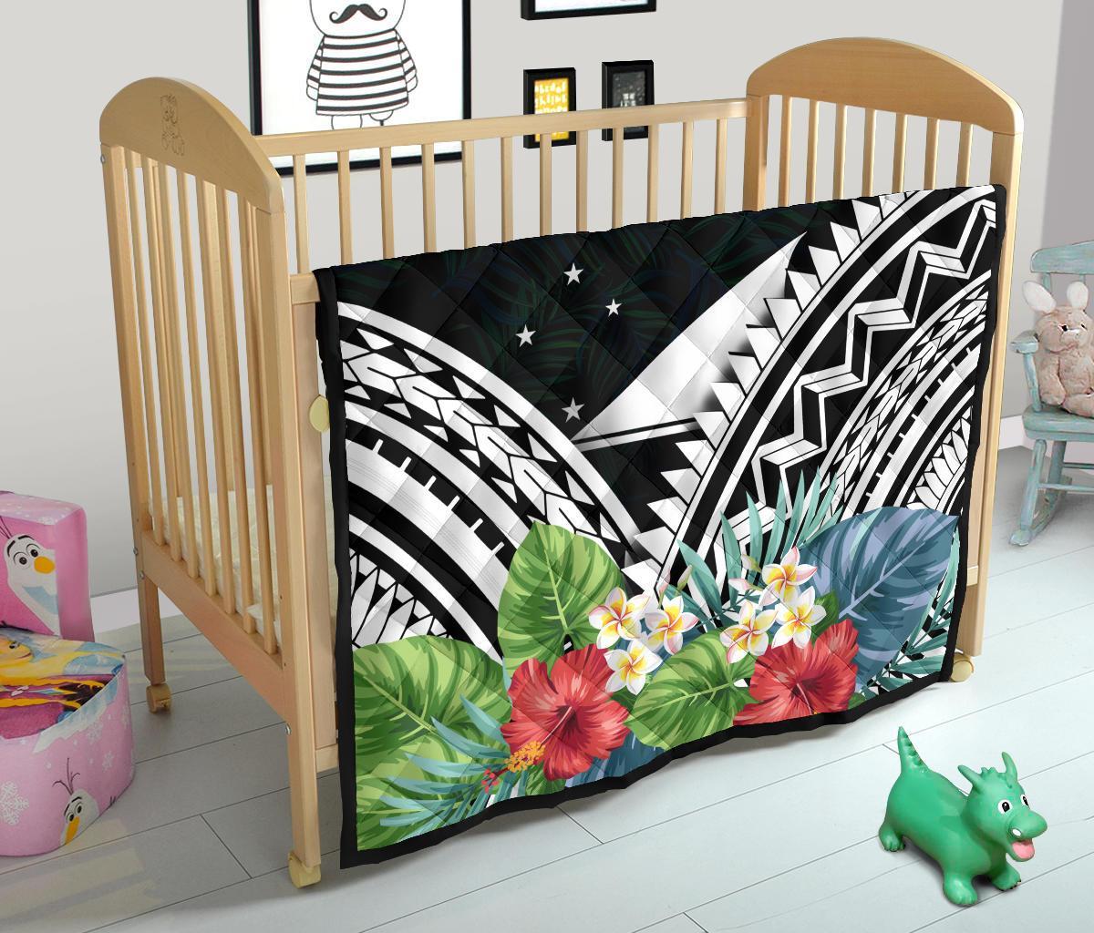 Tokelau Premium Quilt - Tokelau Coat of Arms & Polynesian Tropical Flowers White - Polynesian Pride