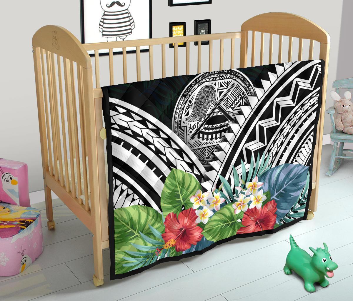 American Samoa Premium Quilt - American Samoa Coat of Arms & Polynesian Tropical Flowers White - Polynesian Pride