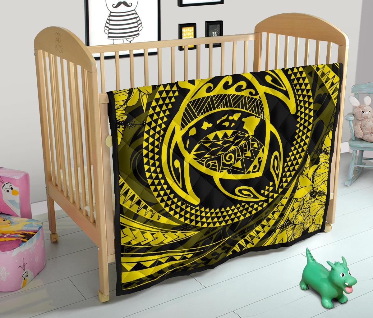 Hawaiian Kanaka Honu Hibiscus Tornando Yellow Polynesian Premium Quilt - Polynesian Pride