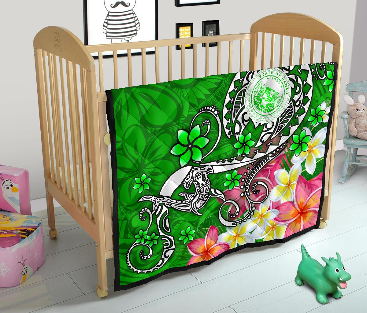Hawaii Polynesian Premium Quilt - Hawaii Seal With Turtle Plumeria (Green) - Polynesian Pride