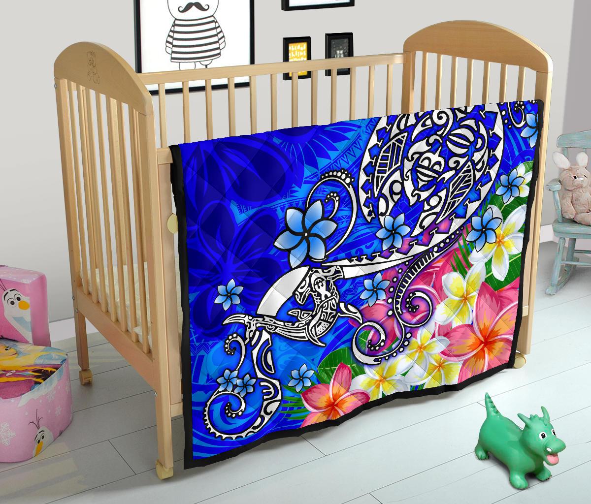 Polynesian Premium Quilt - Turtle Plumeria Blue Color - Polynesian Pride