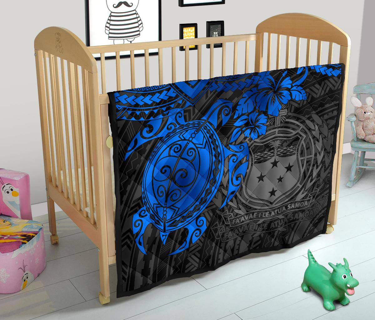 Samoa Polynesian Premium Quilt - Samoa Coat Of Arms & Blue Turtle Hibiscus - Polynesian Pride