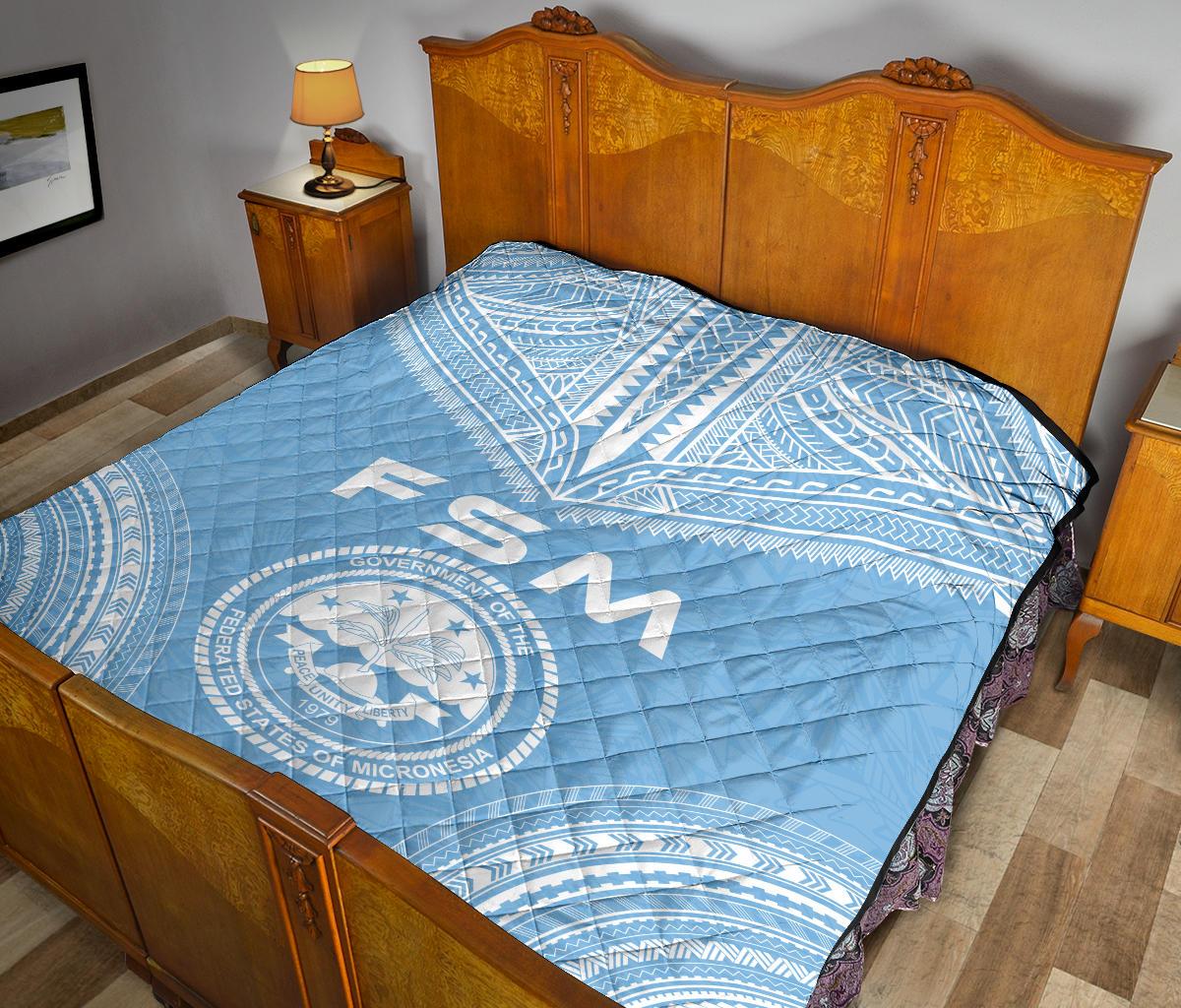Federated States Of Micronesia Premium Quilt - FSM Seal Polynesian Chief Light Blue Version - Polynesian Pride