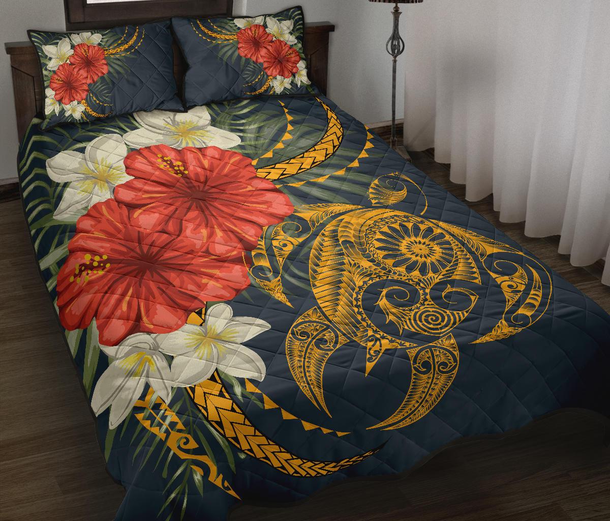 Hawaii Turtle Polynesian Tropical Hibiscus Plumeria Quilt Bed Set - Polynesian Pride