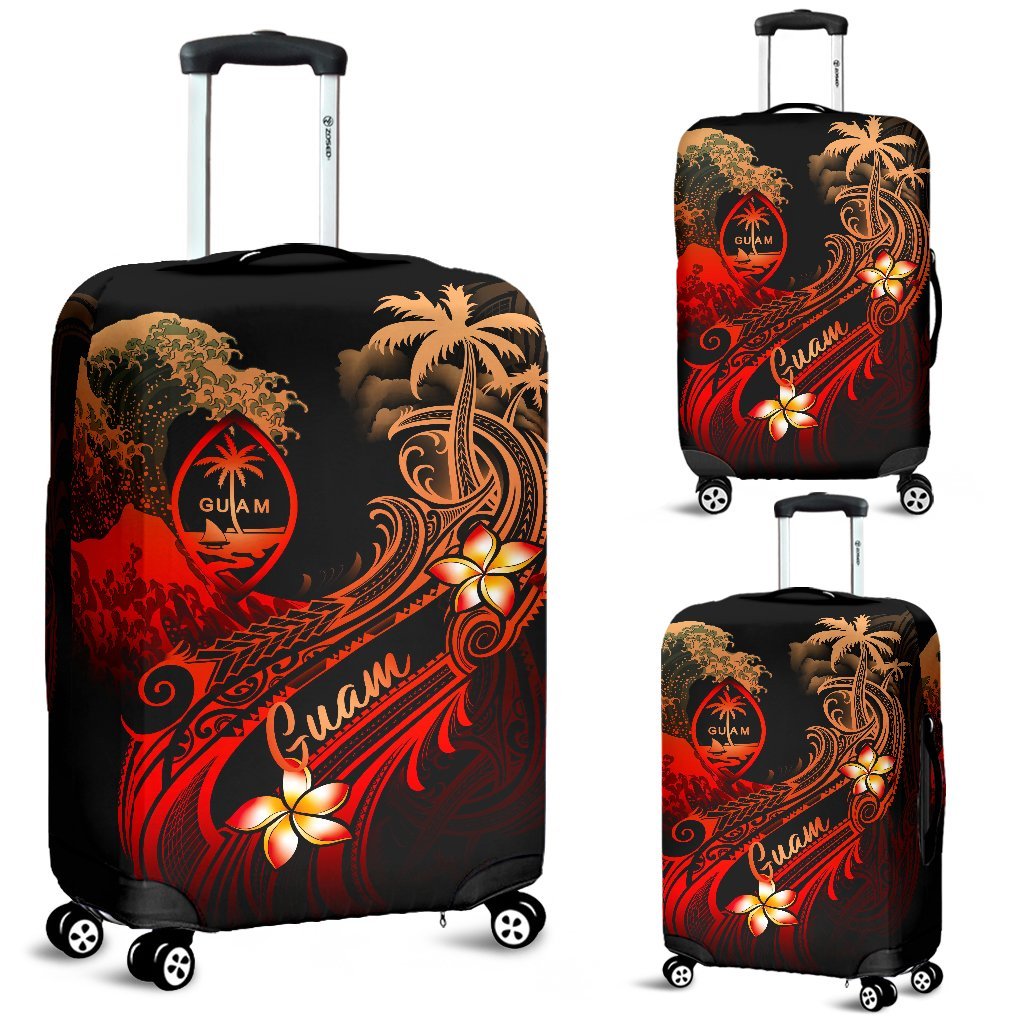 Guam Polynesian Luggage Covers - Plumeria Flowers And Waves Red - Polynesian Pride