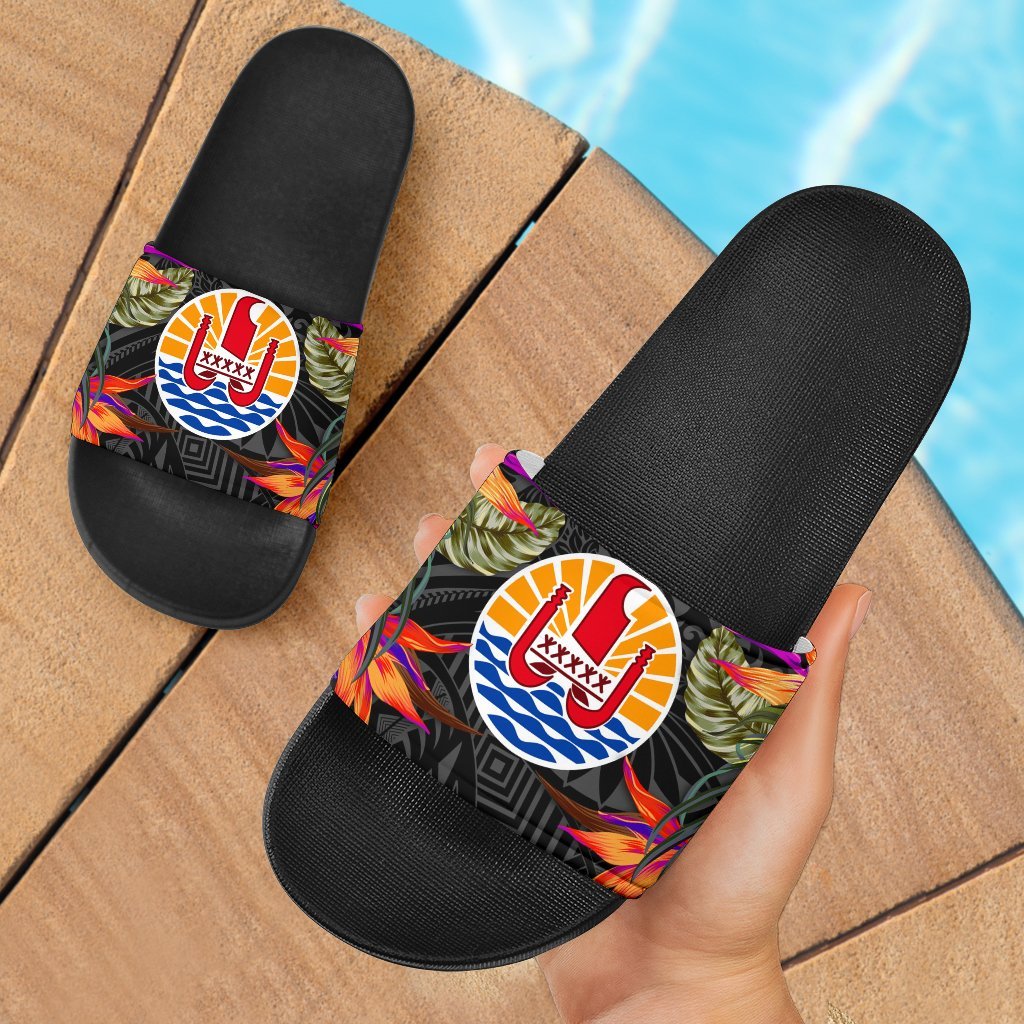 French Polynesia Slide Sandals - Polynesian Hibiscus Pattern Black - Polynesian Pride