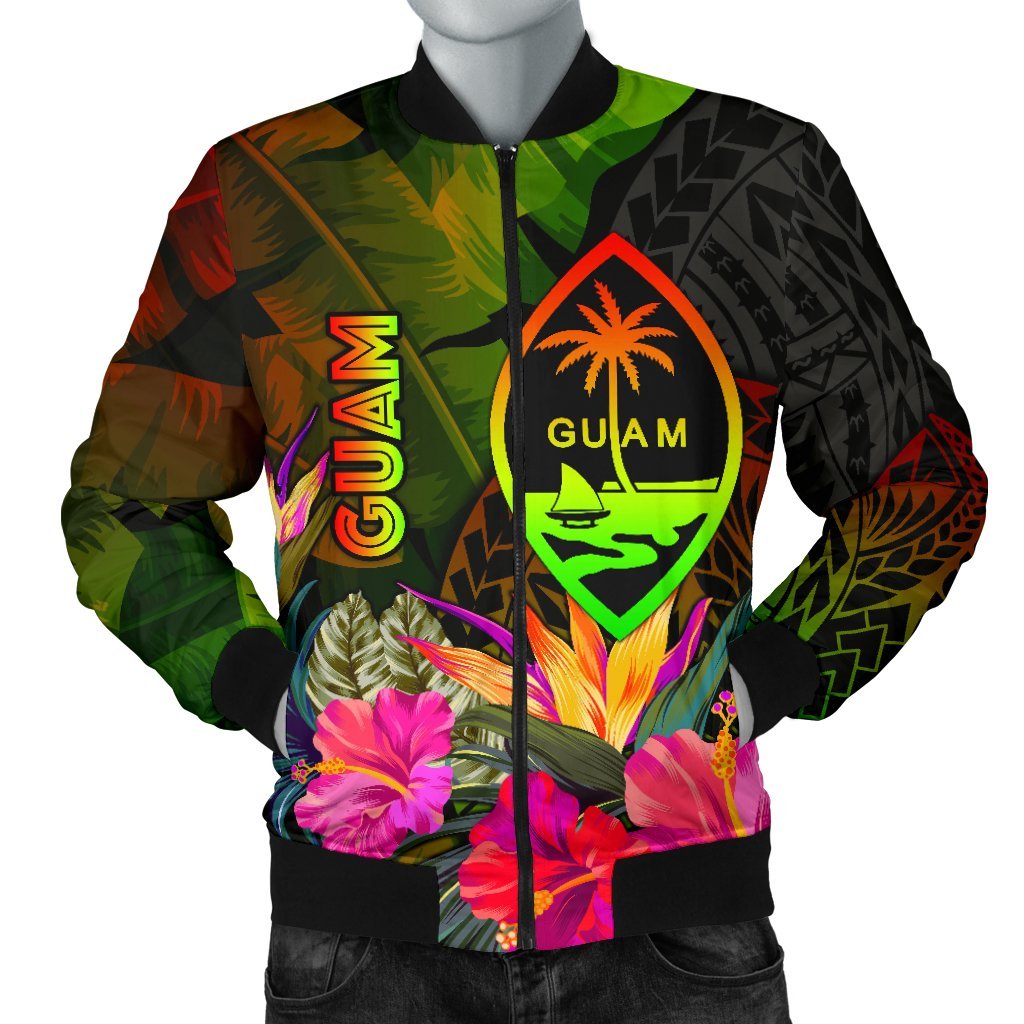 Guam Polynesian Personalised Men's Bomber Jacket - Hibiscus and Banana Leaves Reggae - Polynesian Pride