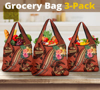 Polynesian Turtle Grocery Bag 3 Pack - Tribal Tattoo with Hibiscus Coral Grocery Bag 3-Pack - Turtle Coral - Polynesian Pride