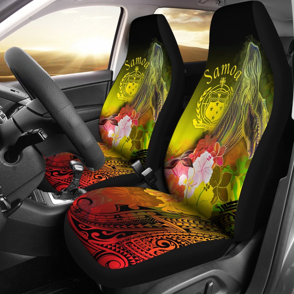 Samoa Car Seat Covers - Humpback Whale with Tropical Flowers (Yellow) Universal Fit Yellow - Polynesian Pride