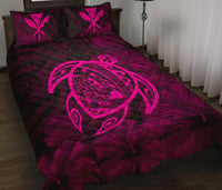 Hawaii Turtle Kanaka Map Hibiscus Poly Quilt Bed Set - Pink - Polynesian Pride