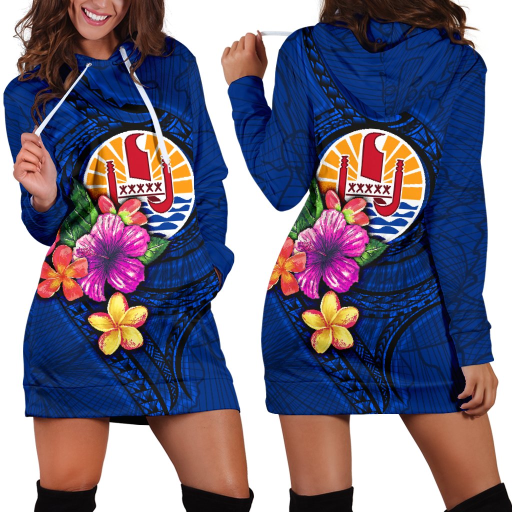 Tahiti Polynesian Women's Hoodie Dress - Floral With Seal Blue Blue - Polynesian Pride