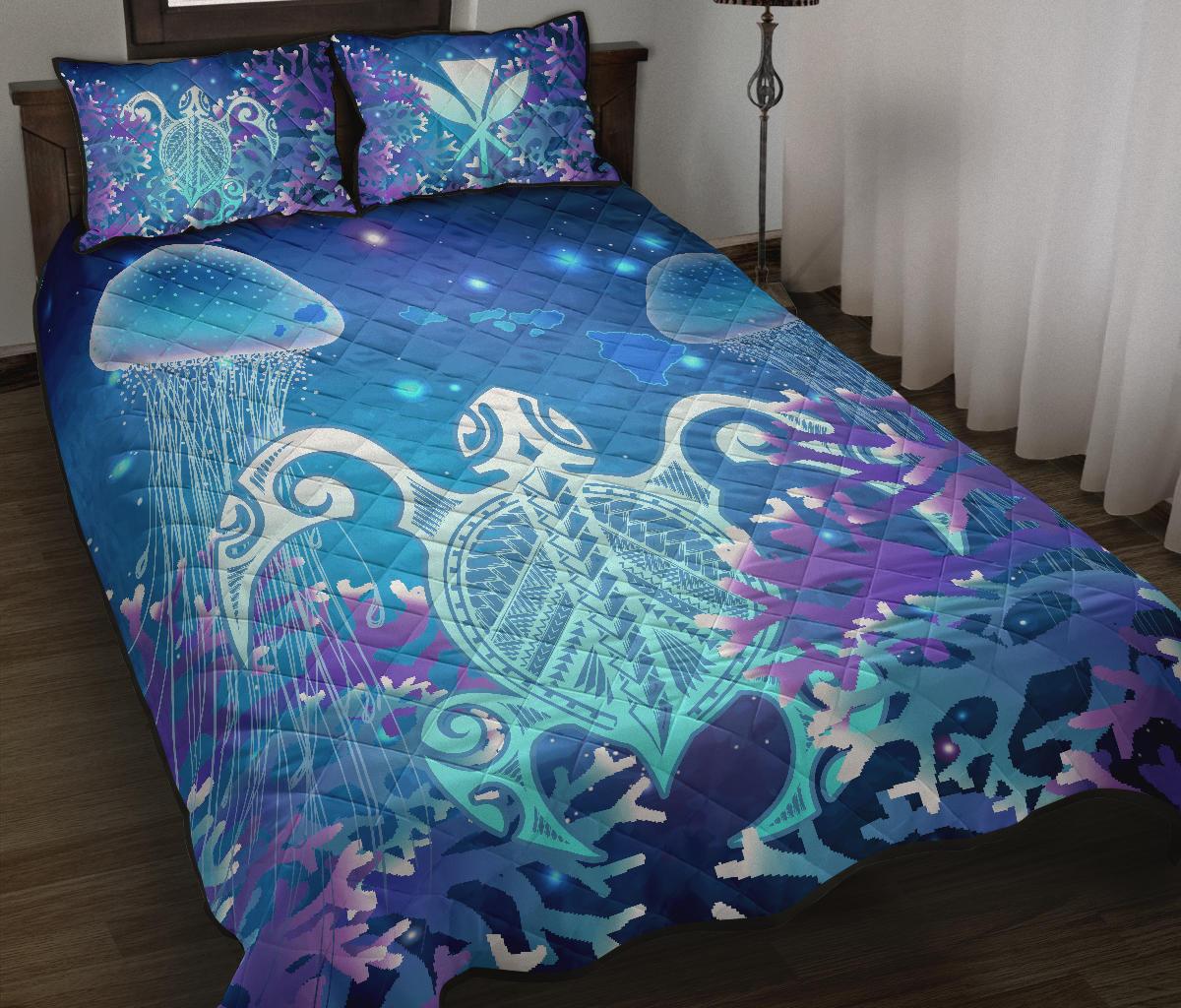 Hawaii Turtle Jellyfish Coral Galaxy Quilt Bed Set - Polynesian Pride
