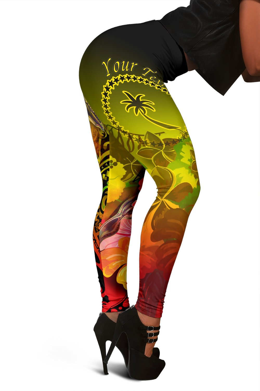 Custom Personalised Chuuk Women's Leggings - Humpback Whale with Tropical Flowers (Yellow) - Polynesian Pride