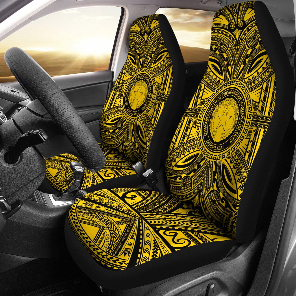 Northern Mariana Islands Car Seat Cover - Northern Mariana Islands Coat Of Arms Polynesian Gold Black Universal Fit Gold - Polynesian Pride