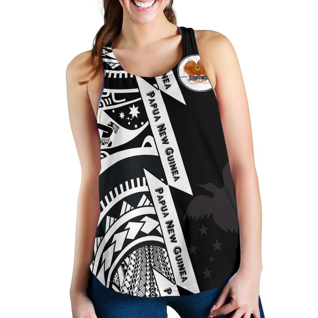 Polynesian Guinea Women's Racerback Tank - Moana Maui Tattoo With Coat Of Arm Guinea White - Polynesian Pride