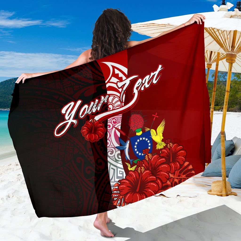 Cook Islands Polynesian Custom Personalised Sarong - Coat Of Arm With Hibiscus One Style One Size Red - Polynesian Pride