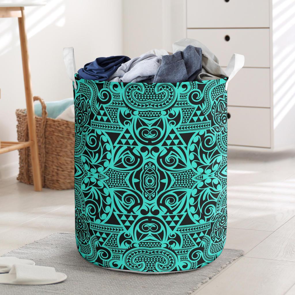 Polynesian Kakau Turtle Turquoise Hawaii Laundry Basket Laundry Basket One Size Turquoise - Polynesian Pride