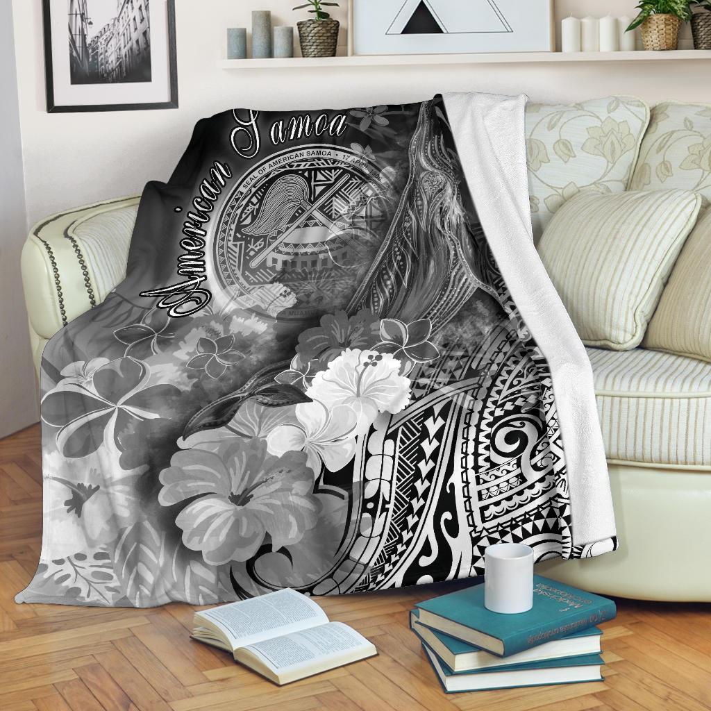 American Samoa Polynesian Premium Blanket - Humpback Whale with Tropical Flowers (White) White - Polynesian Pride