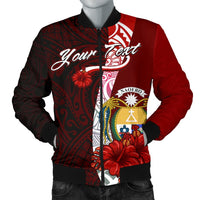 Nauru Polynesian Custom Personalised Men's Bomber Jacket - Coat Of Arm With Hibiscus Red - Polynesian Pride