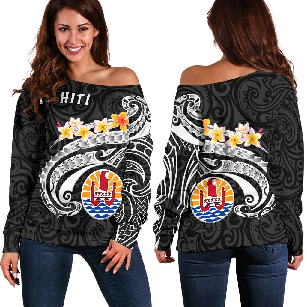 Tahiti Women's Off Shoulder Sweater - Tahiti Seal Polynesian Patterns Plumeria (Black) - Polynesian Pride
