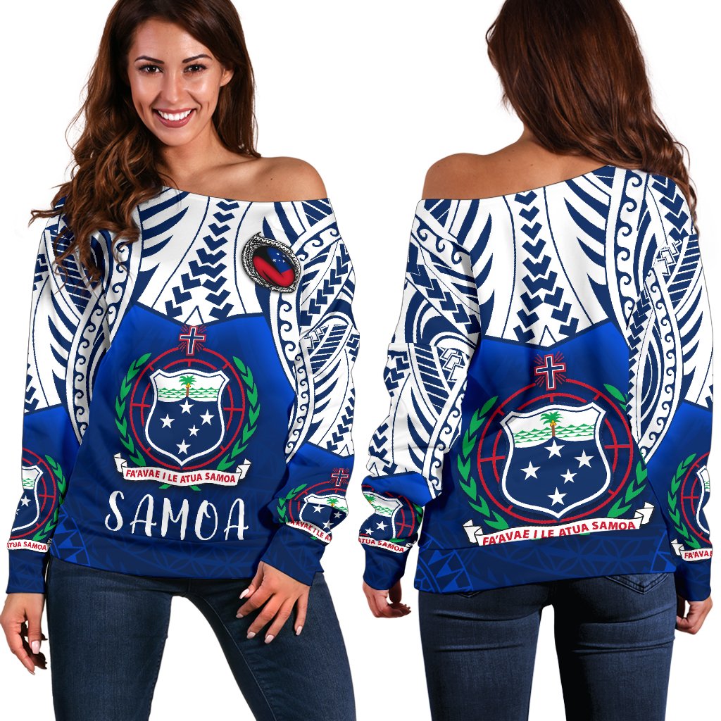 Samoa Rugby Women's Off Shoulder Sweater Blue - Polynesian Pride