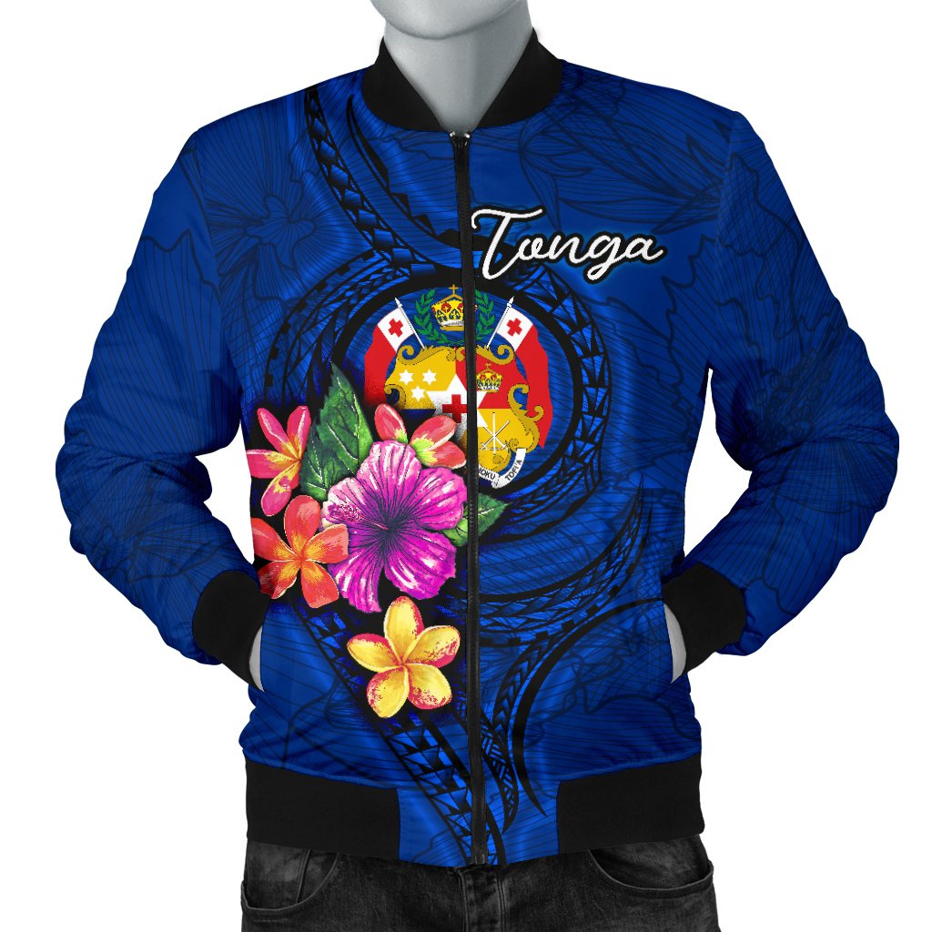 Tonga Polynesian Men's Bomber Jacket - Floral With Seal Blue - Polynesian Pride
