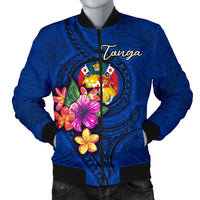 Tonga Polynesian Men's Bomber Jacket - Floral With Seal Blue - Polynesian Pride