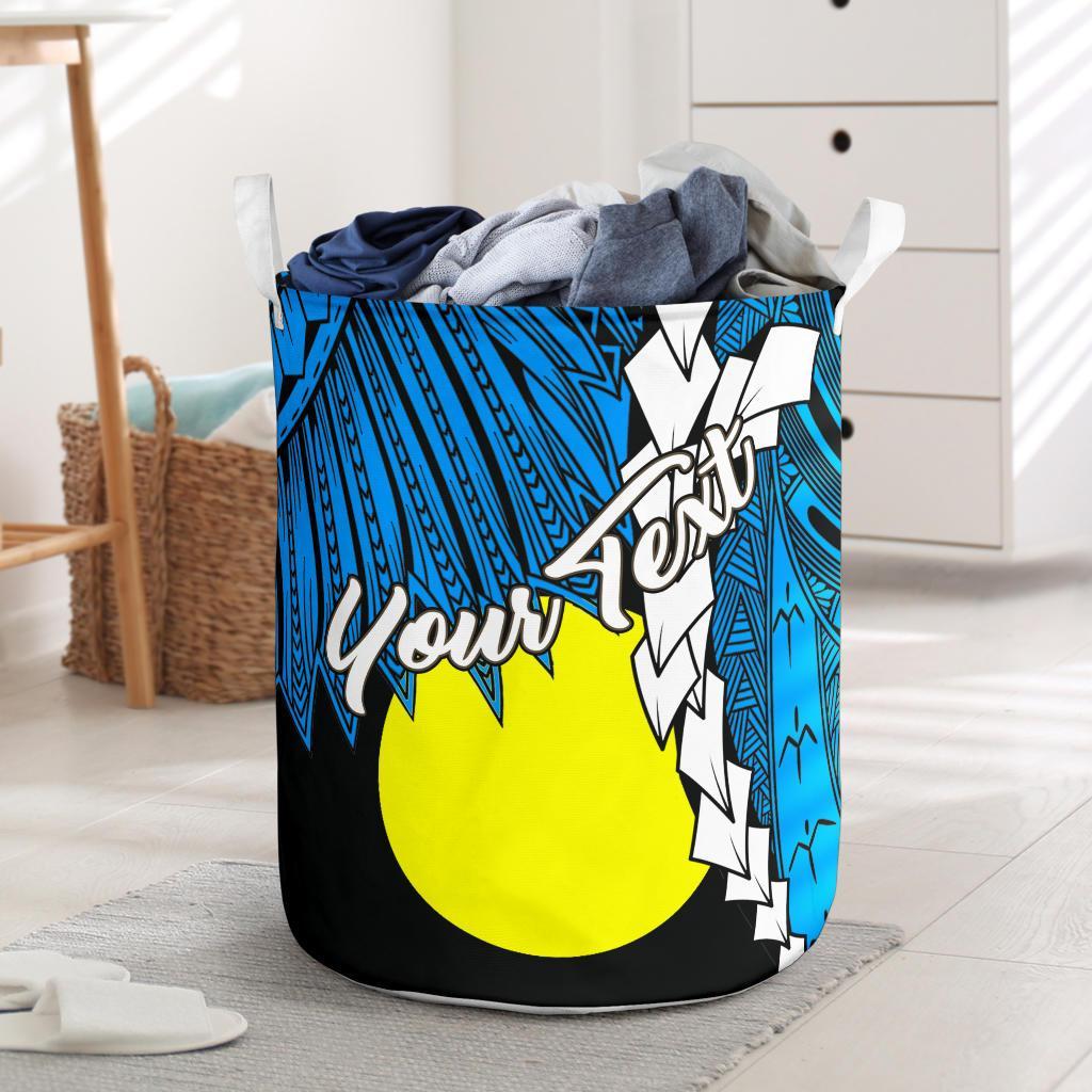 Palau Polynesian Custom Personalised Laundry Basket - Tribal Wave Tattoo Blue Flag Style - Polynesian Pride