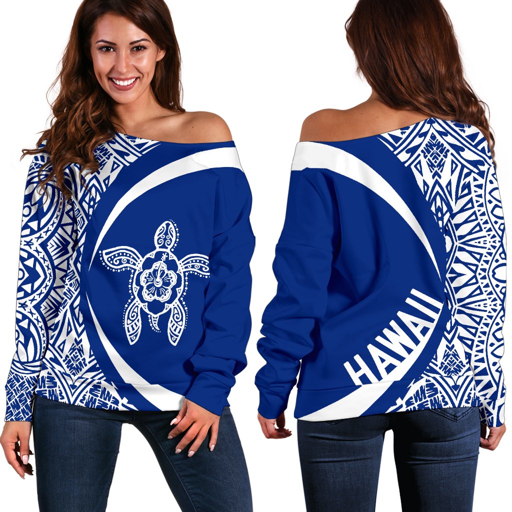 Hawaii Turtle Polynesian Women's Off Shoulder Sweater - Circle Style - AH - Blue White - Polynesian Pride