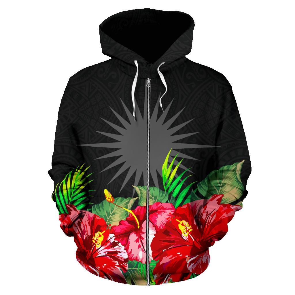 Marshall Islands Polynesian Zip Hoodie Black Hibiscus - Polynesian Pride