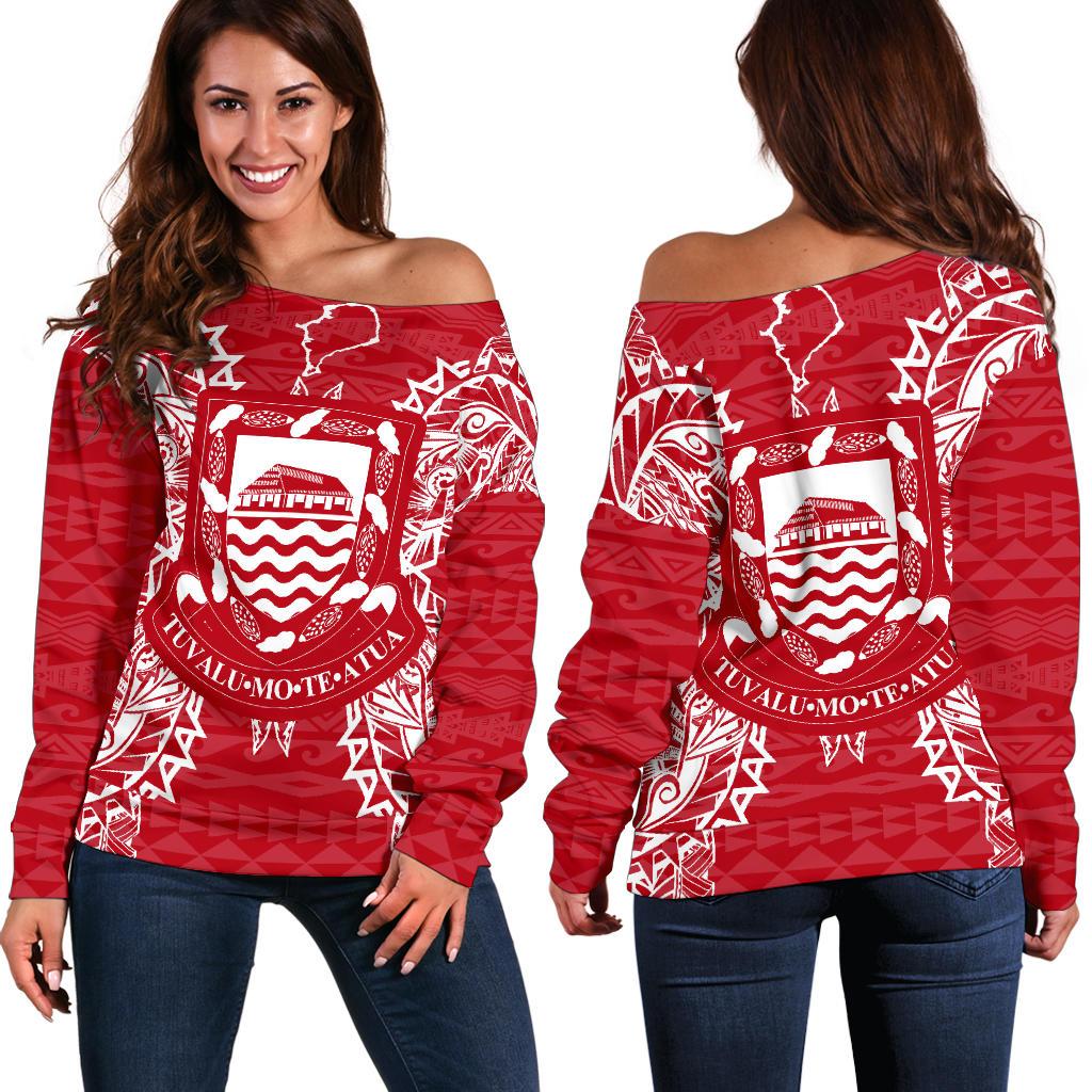 Tuvalu Polynesian Shoulder Sweater Map Red White Red - Polynesian Pride