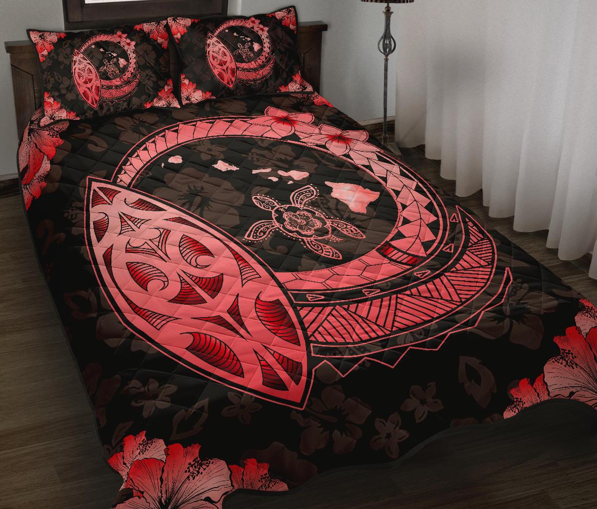 Hawaii Quilt Bed Set - Hawaii Hibiscus Map Polynesian Quilt Bed Set Red - Polynesian Pride