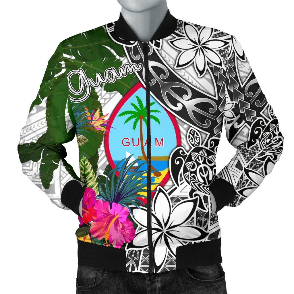 Guam Men's Bomber Jacket White - Turtle Plumeria Banana Leaf White - Polynesian Pride